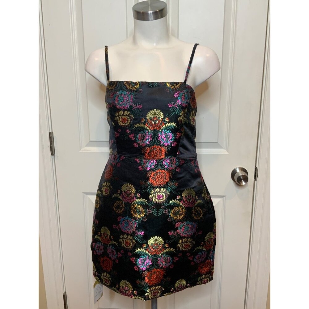 Zara Black Satin Shimmering Metallic Floral Jacquard Mini Dress NWT, Size M
